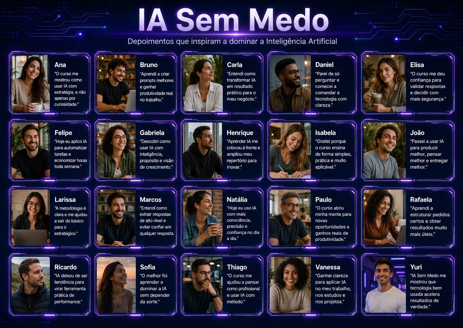 Mural de depoimentos de alunos do curso IA Sem Medo